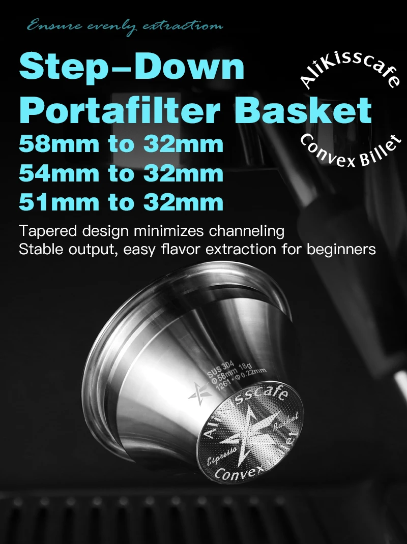 Alikisscafe Siebträgerkorb mit variablem Durchmesser, Step-Down-Konvex-Billet, 51 mm, 54 mm, 58 mm, Kaffee-Espresso-Zubehör, Barista-Werkzeug – Detail 2