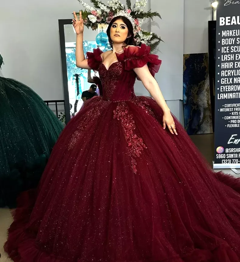 ANGELSBRIDEP Wine Red Quinceanera Dresses Bead Crystals Ruffle Bottom Birthday Party Dress Mexican Sweet 16th Prom Customized