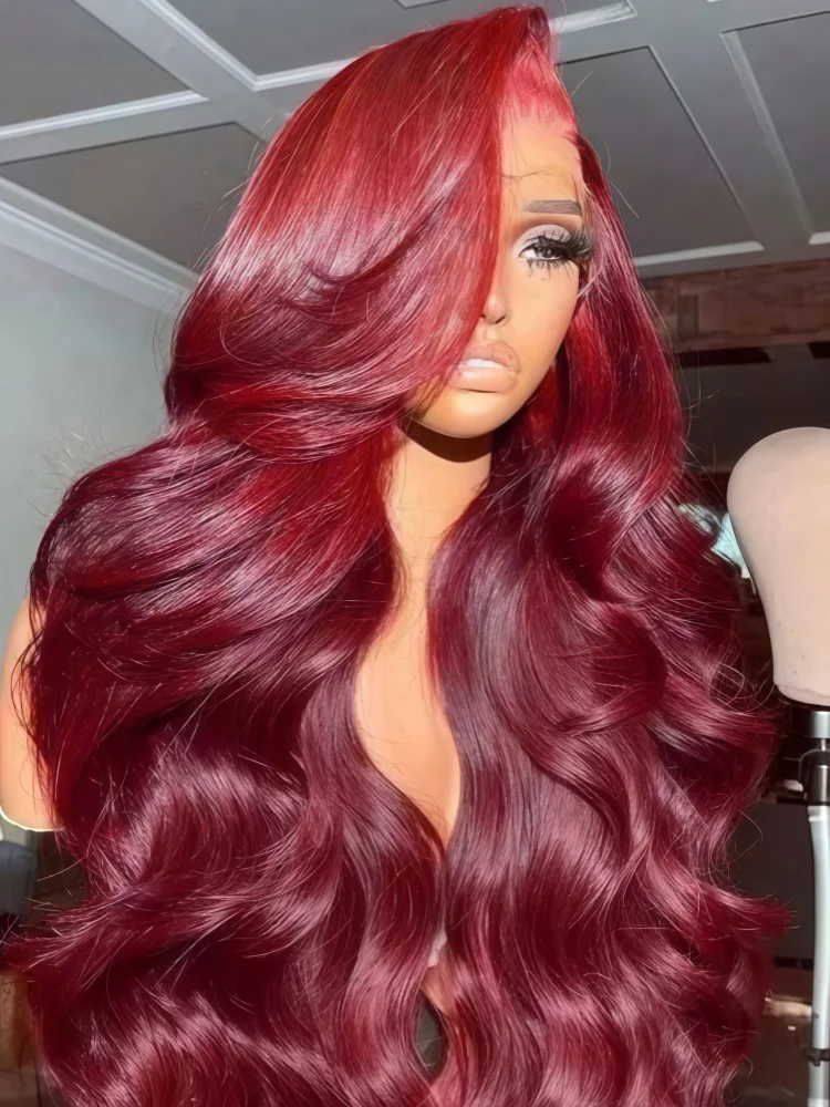 99J Burgundy Body Wave Lace Front Wig 250 Density 13x4 13x6 HD Transparent Lace Frontal Wig Pre Plucked Baby Hair Brazilian Virgin Human Hair Red Colored Wigs For Black Women