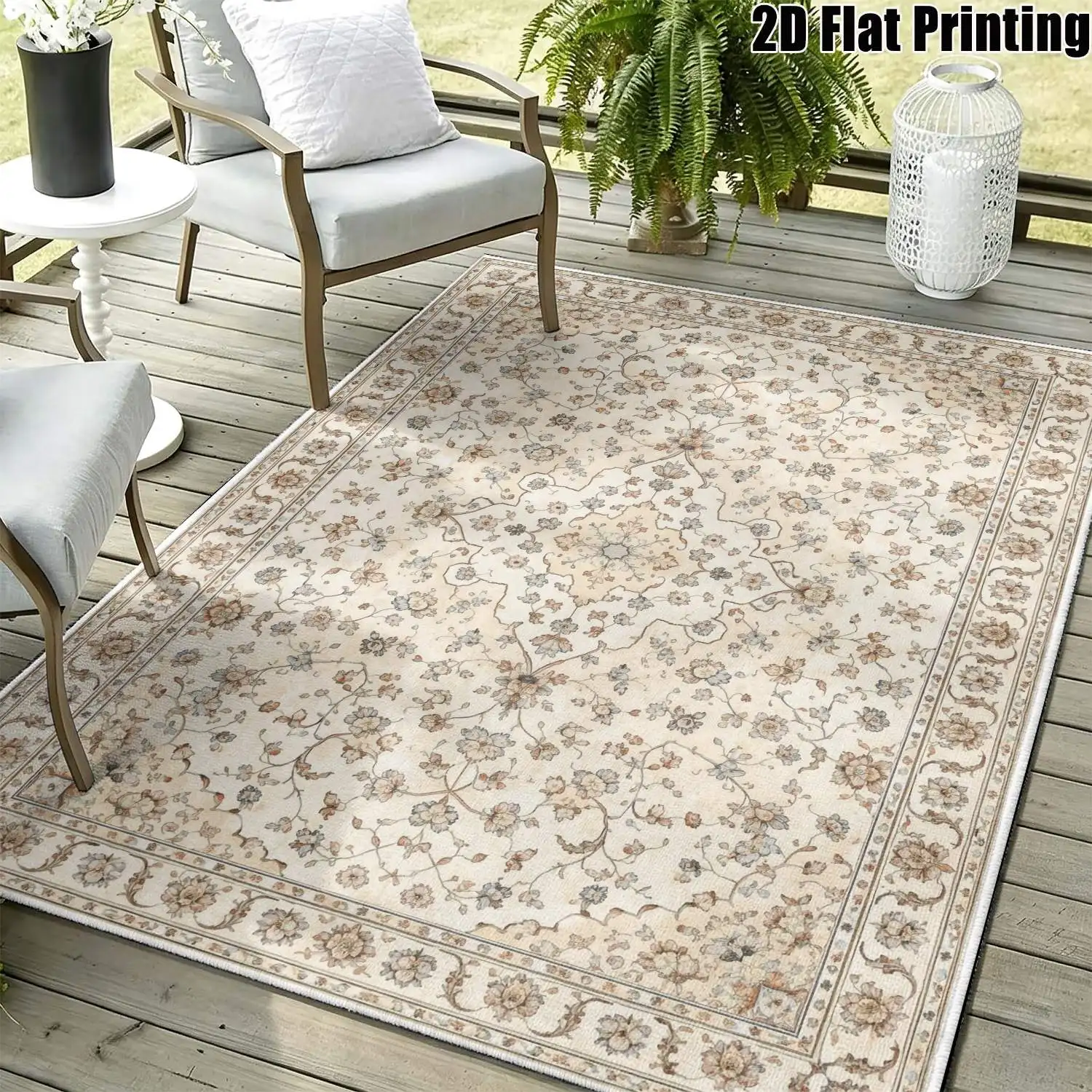 1Pc 2D Printed Beige Retro Floral European/Bohemian Geometric Carpet, Machine Washable, Multi-Size Home Decor Mat for Entryway, Dining Room, Bedroom, Living Room, Foyer