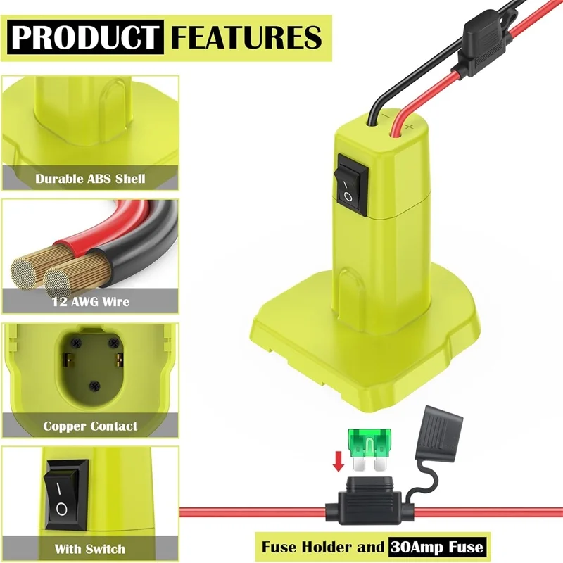 Adaptador de rodas elétricas para bateria ryobi 18v, adaptador de conector de alimentação diy com interruptor e fusível para bateria p102 p103 p104 p107