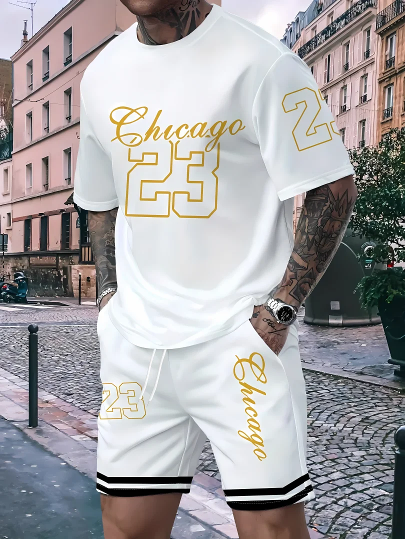 Summer men's sports T-shirt shorts set breathable quick drying street men's casual fashion loose round neck sports set