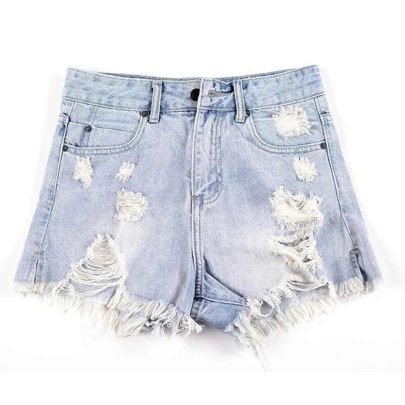 Mulheres com buracos rasgados shorts jeans, cintura alta, jeans de perna larga, casual solto com bordas cruas, moda verão, nova