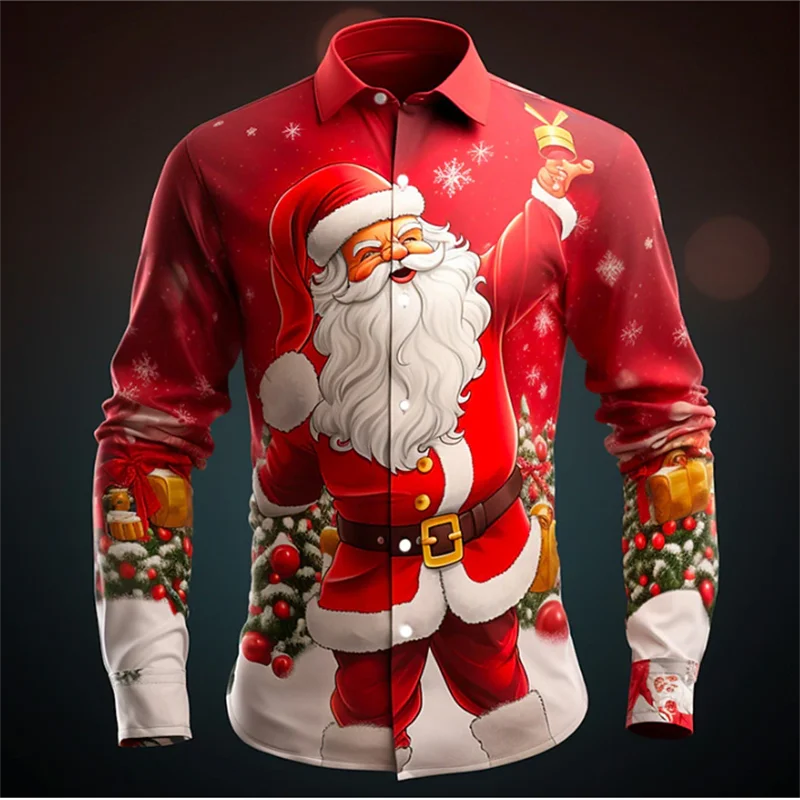 Men Turn‑down Collar Shirt Long‑sleeve X‑mas Santa Festive Ornament Art Print Button‑front Celebration Casual Blouse