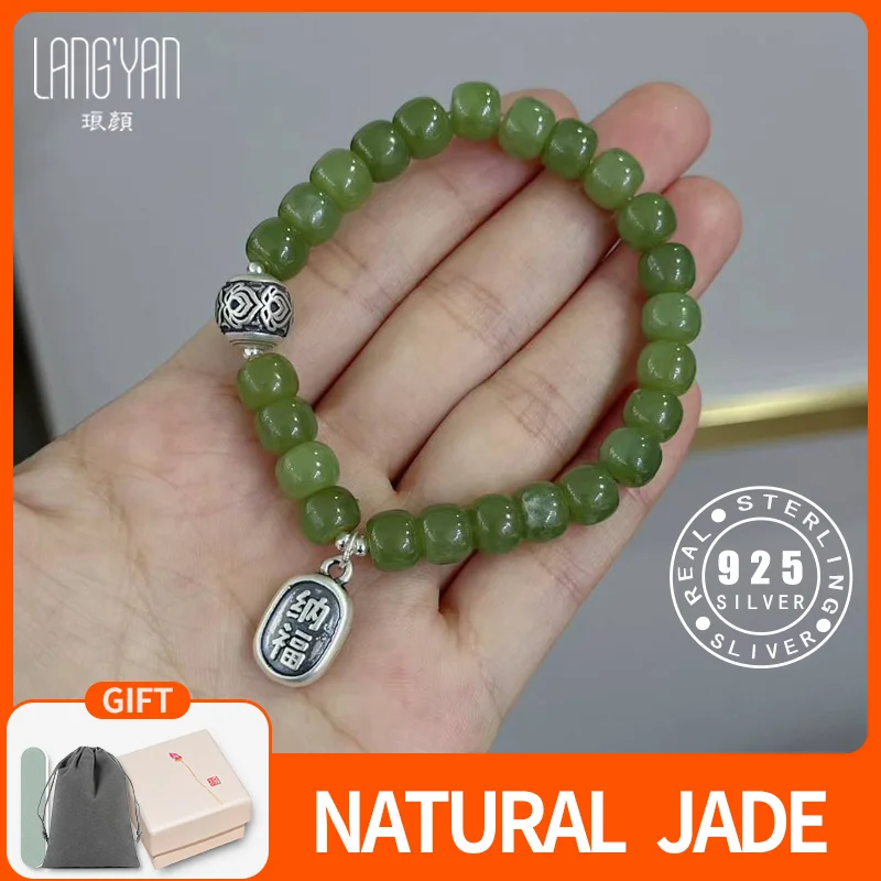 

Langyan Natural Jade Beaded Bracelet with 925 Sterling Silver Charms Handmade Chinese Style Jewelry Birthday Gift for Woman