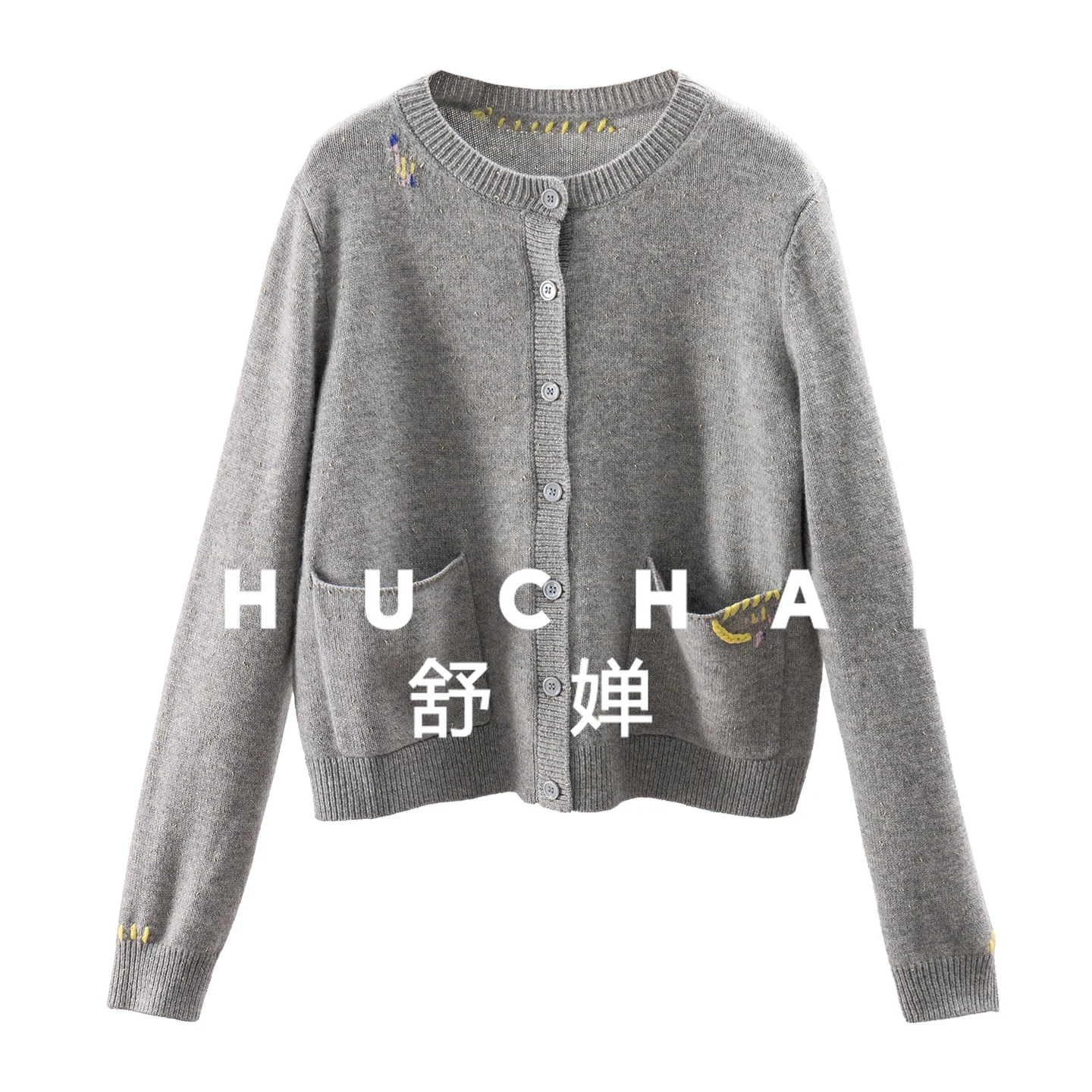 100 Cashmere Gold Embroidered Crew Neck Sweater Cardigan Women's 66E9 Korean Fashion Sweater Women