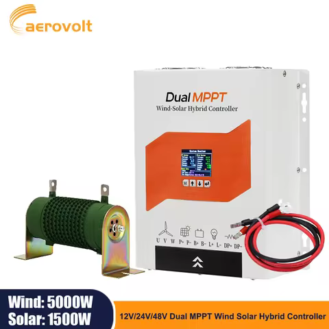 12V/24V/48V Dual MPPT Hybrid Controller 5000W Wind 1500W Solar Auto Intelligent Unloading Off-Grid System LCD Display