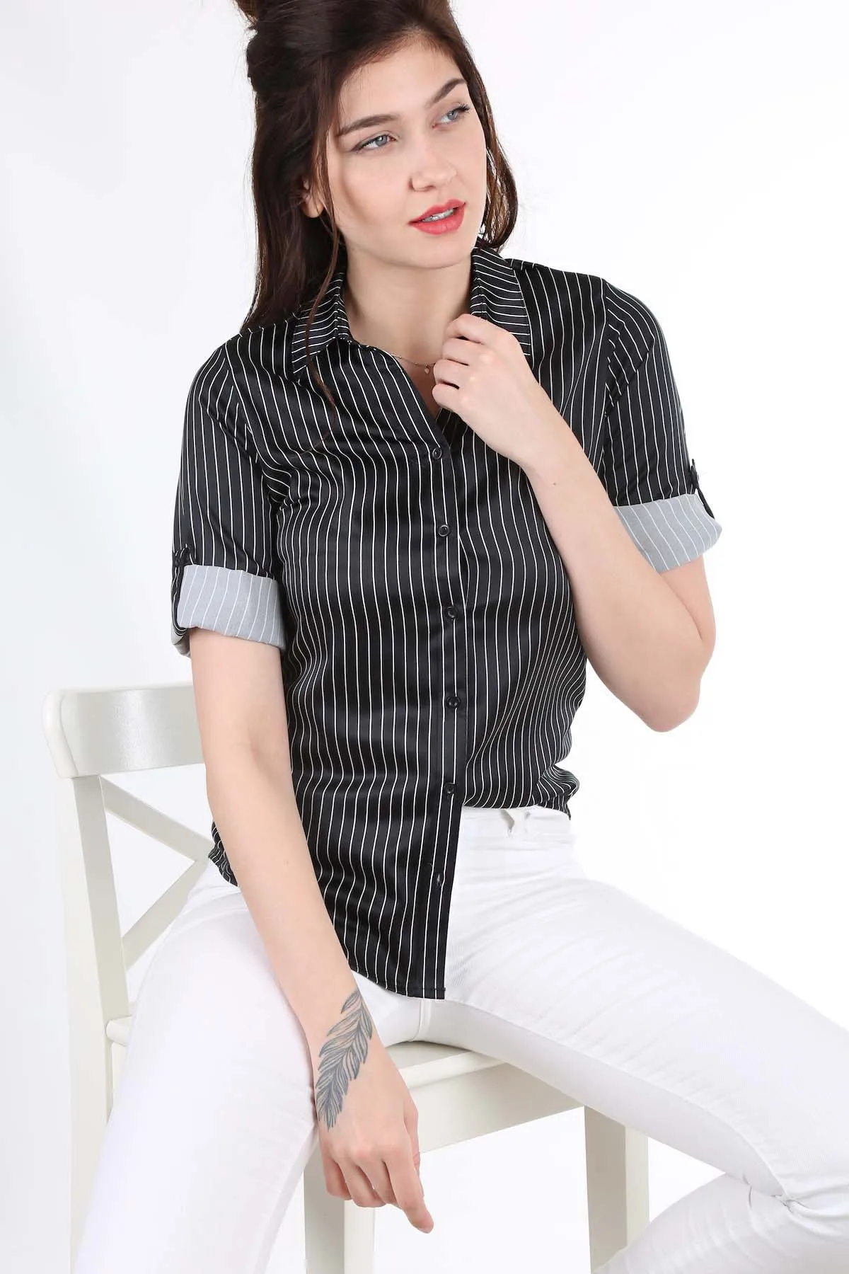 STRIPE SATIN SHIRT 2021 Spring autumn women's shirt blouse street shirt new simple office lady long sleeve blouse