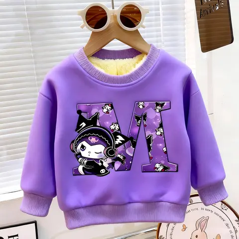 Kuromi lettre A-Z hiver sweat Kawaii fille épaissi polaire pulls dessin animé imprimé enfants vêtements de sport décontracté enfants vêtements