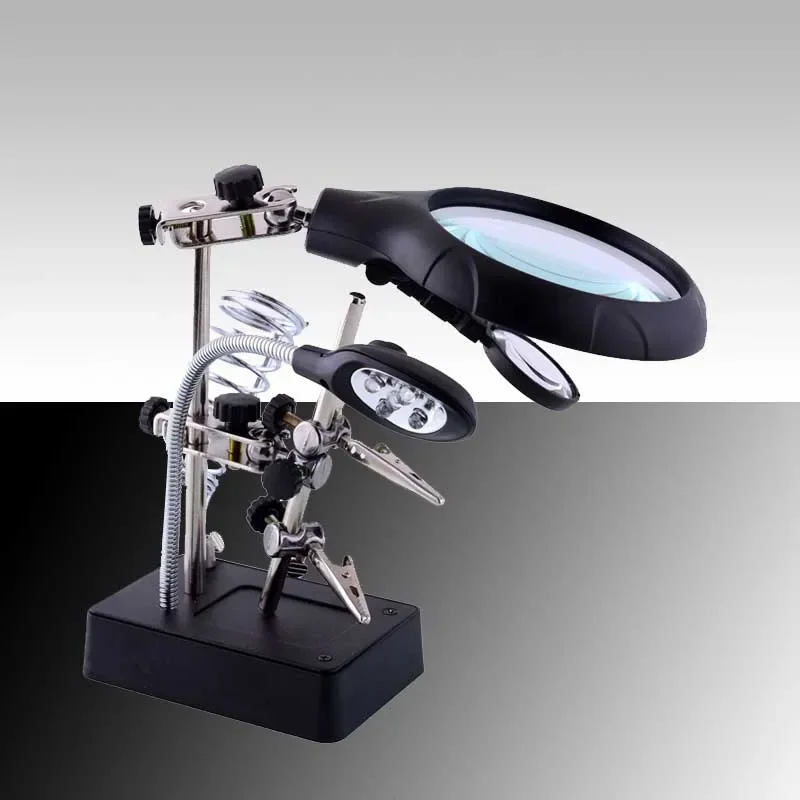 3 in 1 Welding Magnifying Glass with LED Light Auxiliary Lens Crocodile Clip Desktop Magnifier Hands Soldering Iron Stand Holder