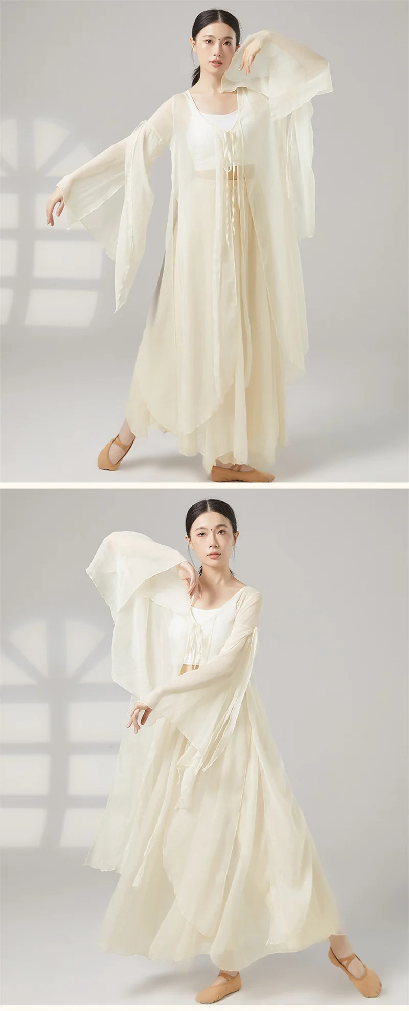 Damen Chiffon-Tanzoberteil für klassischen Tanz, langärmlig, fließend, Vintage-Performance-Kostüm für Erwachsene, Ballett – Detail 2