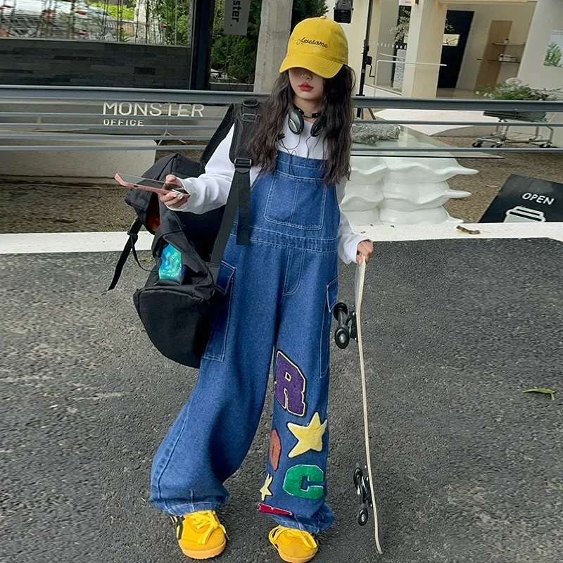 teen girls dopamine denim workwear overalls retro American straight leg pants loose versatile jeans towel embroidery Jumpsuits