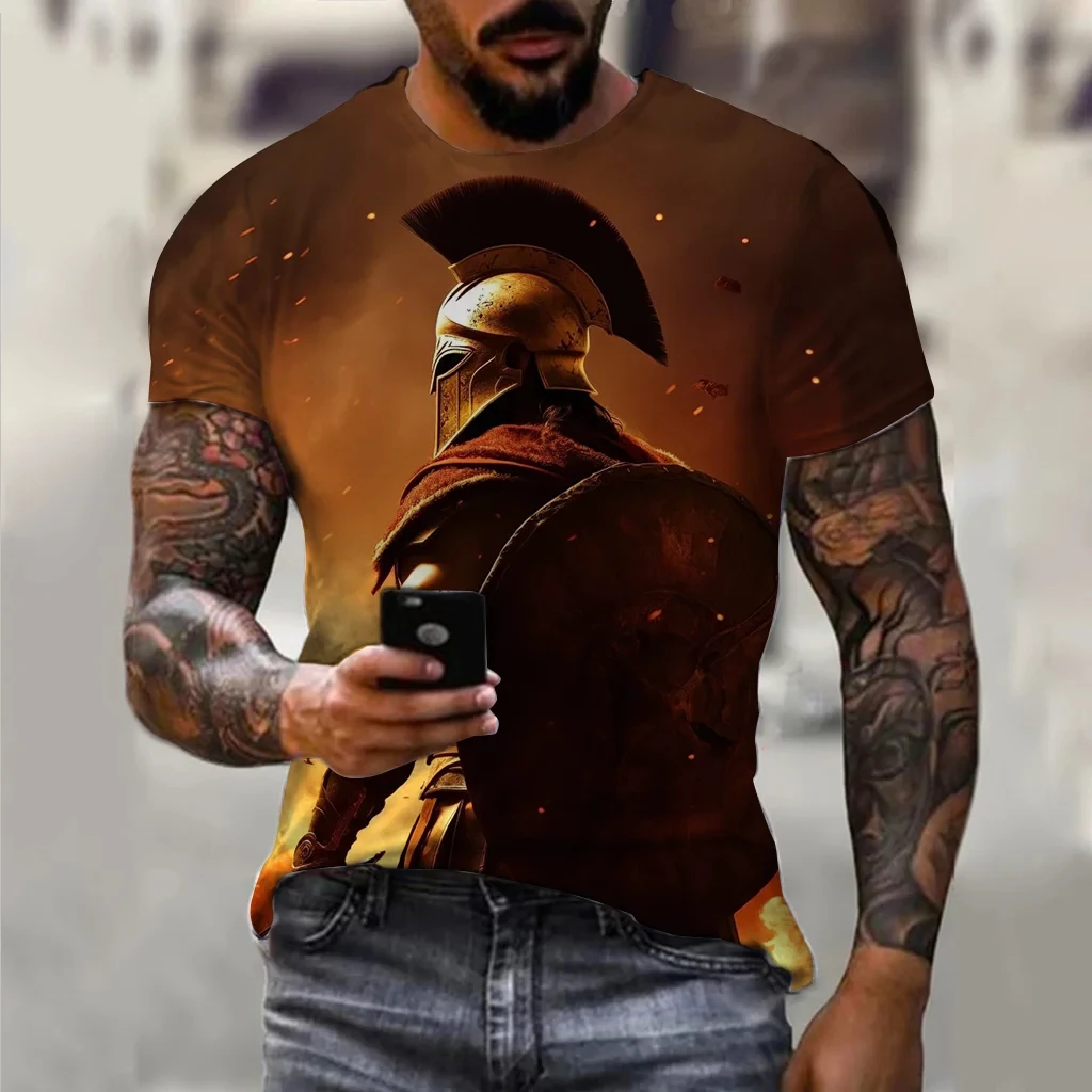 Vintage T Shirts For Men Spartan Pattern 3D Printed Short Sleeve Summer Fashion Oversized T-shirt  Men\'s Casual Clothing Tops