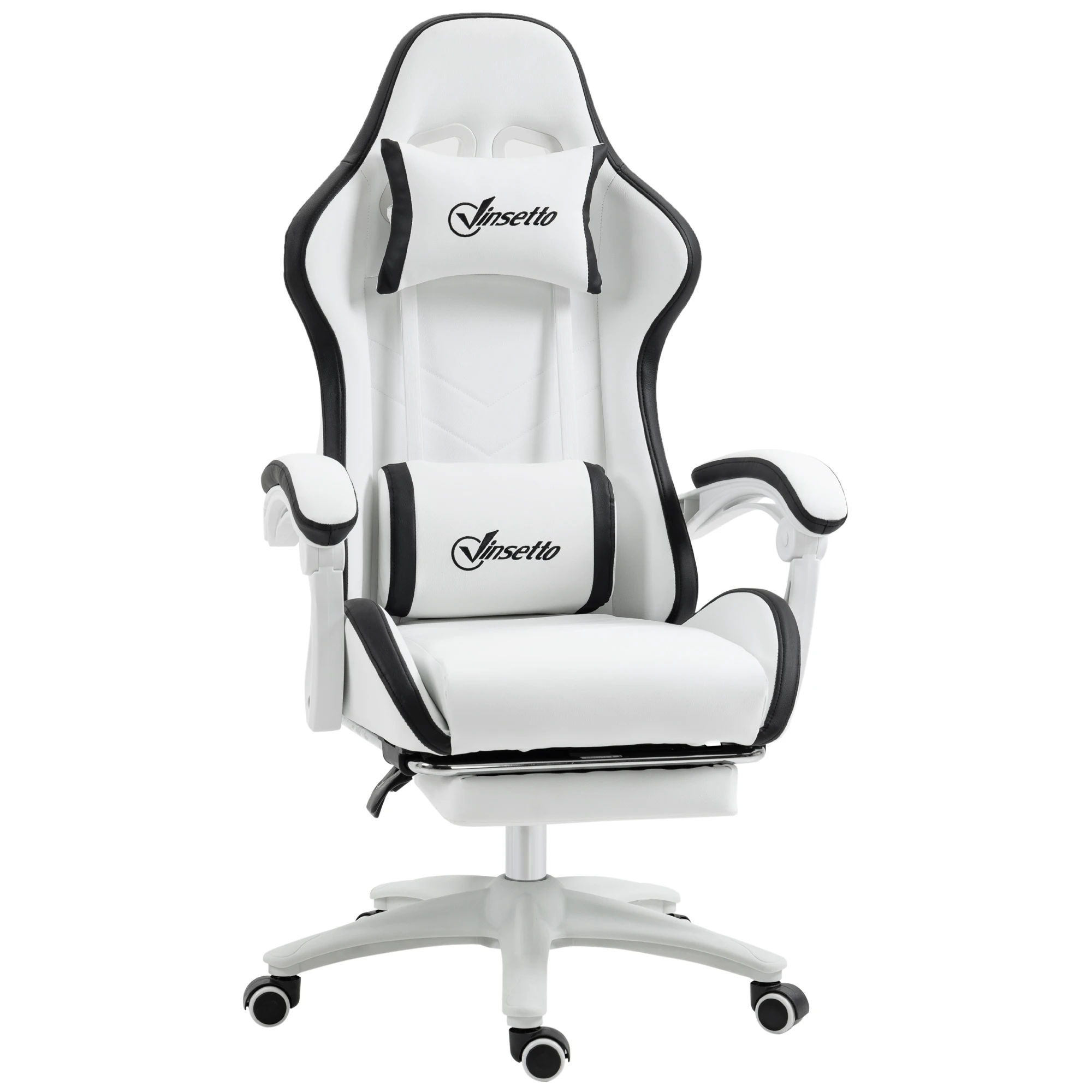 Vinsetto Gaming chair 135 ° adjustable height adjustable PU leather stand-back chair and retractable office studio footrest headrest 65x65x121-129 cm White