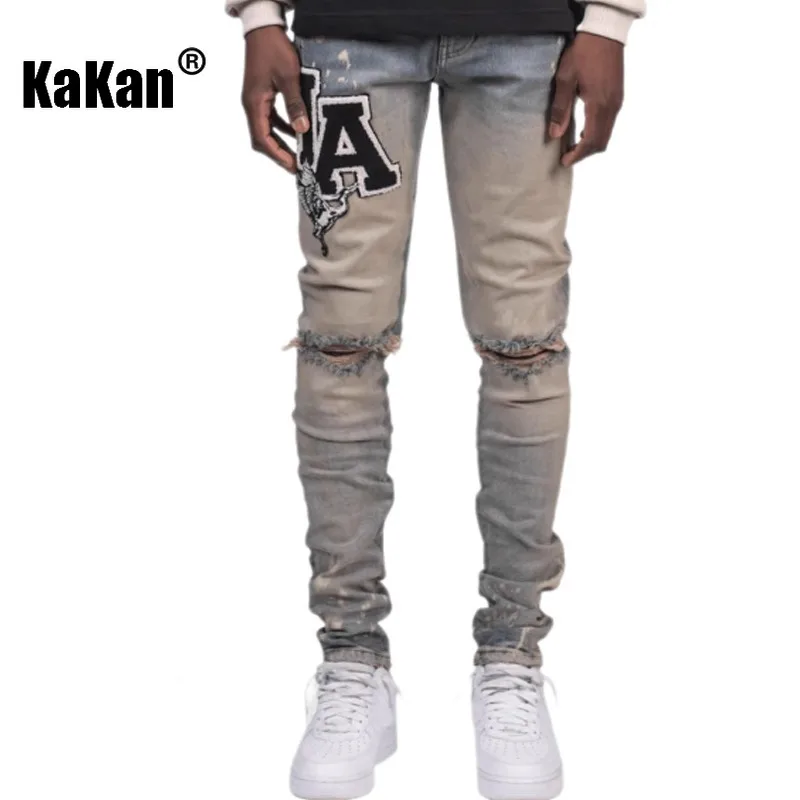 Kakan - New Men's Blue Slim Fit Patch Jeans, Y2k Printed Design Long Jeans Jeans Man Brand