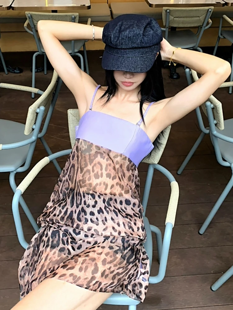 RORORIRI Sexy pure léopard épissé Camisole robe femmes sans manches dos nu Corset couches Mini robe Vintage vêtements d'été