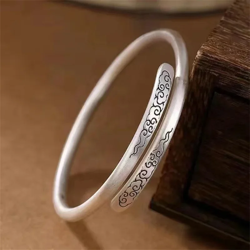 999 Silver Auspicious Clouds Bracelet Women's Vintage Open Jewelry Simple Style Overlapping Fashion Bangle