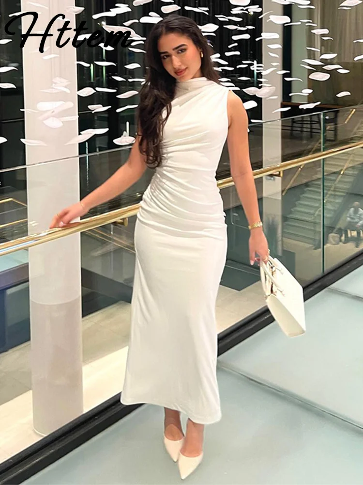 Vestido plisado con cuello Halter para mujer, traje elegante ajustado sin mangas, Cuello medio alto, color blanco, novedad de verano, 2024