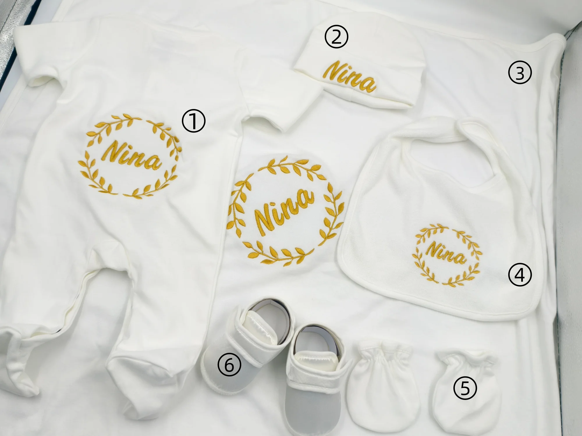 Newborn Photoshoot Must Have 6-Piece Set Custom Embroidered Name Cotton Baby Outfit Set Luxury Style