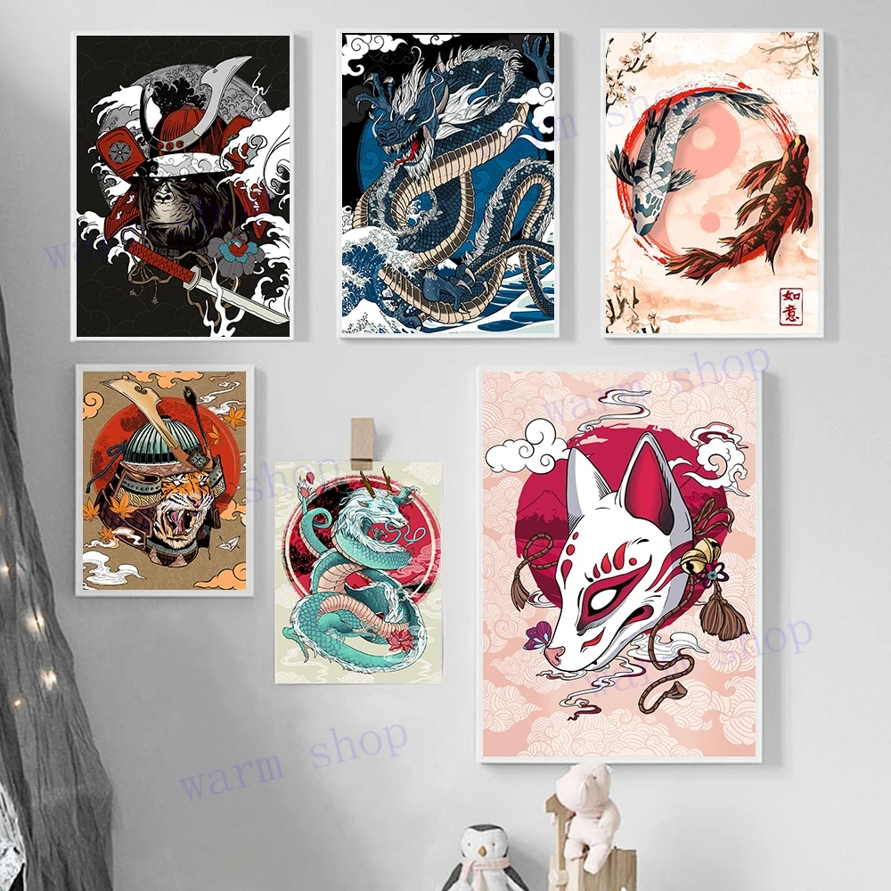 Ancient Japanese Geisha Fox Mask Art Posters and Prints Traditional Japanese Samurai Koi Exhibition Canvas Painting Nordic Decor