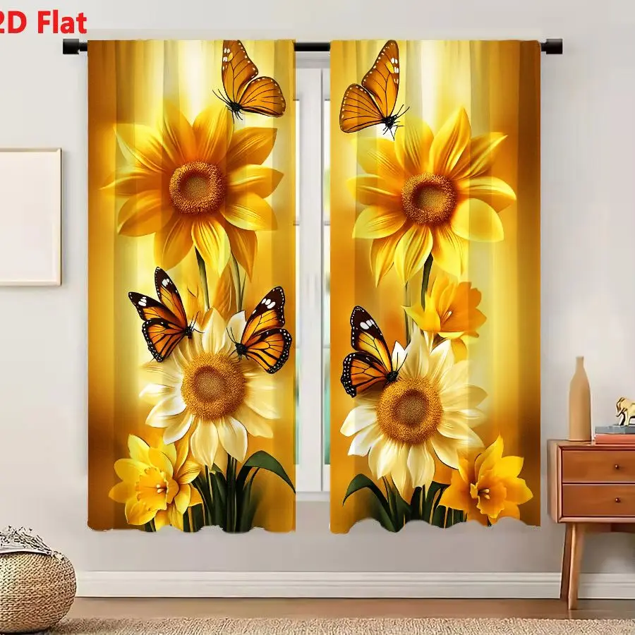 2Pcs Curtains 2D Flat Vibrant Sunflowers And Butterflies On Golden Gradient Background Painterly Art Window Drapes for Bedroom R