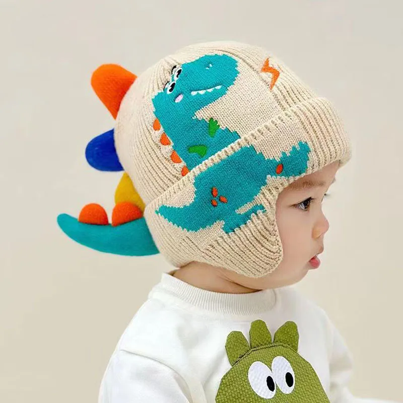 Doitbest Cute 3D Dinosaur Winter Hat For Girls Kids Beanies Cartoon Acrylic Child Knit Beanie Hats Warm Baby Boys Earflap Caps