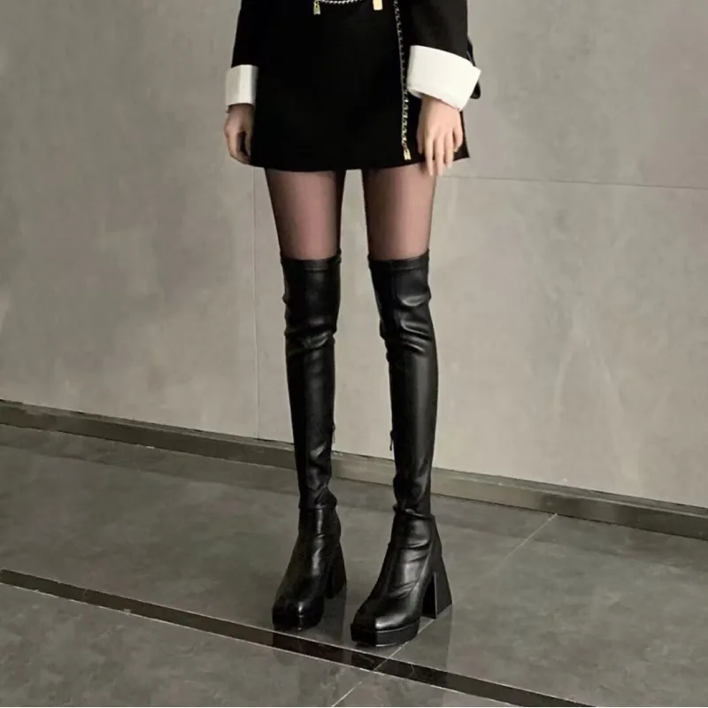 

2023 Women High Heels Shoes Platform Chunky Chelsea Boots Winter New Trend Over The Knee Boots Pumps Punk Sexy Motorcycle Botas