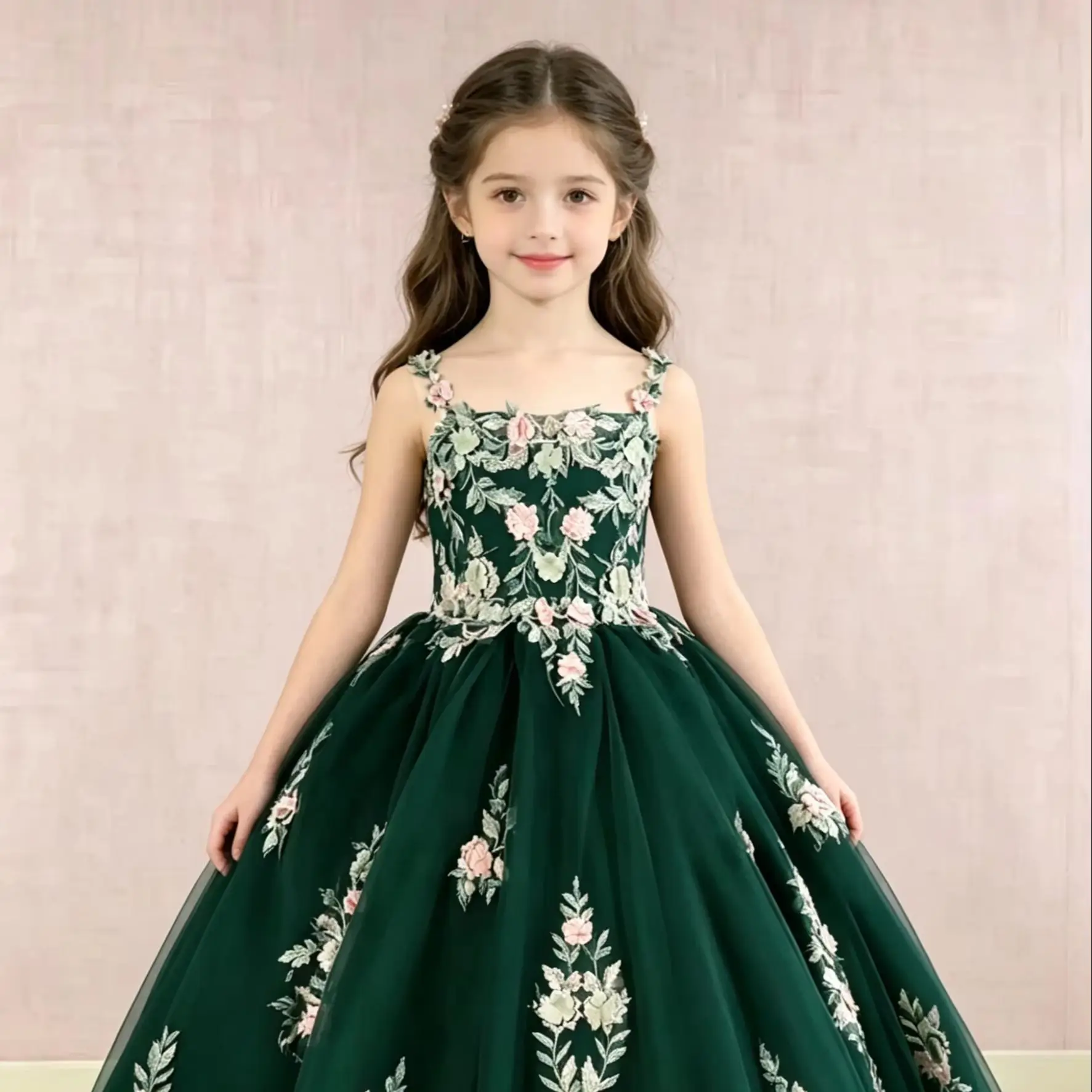 Prinzessinnen-Blumenmädchenkleider für die Hochzeit, ärmellose Applikationen, maßgeschneidertes bodenlanges Mädchenkleid für Geburtstag und Erstkommunion