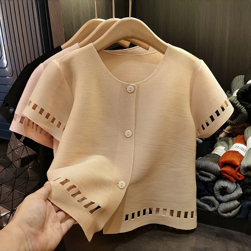 

2025 Summer Miyake Pleated Shirt Solid Colour Hollow Plisse Cardigan Fold Top Japanese Loose Pleat Casual Pleats Jacket Women