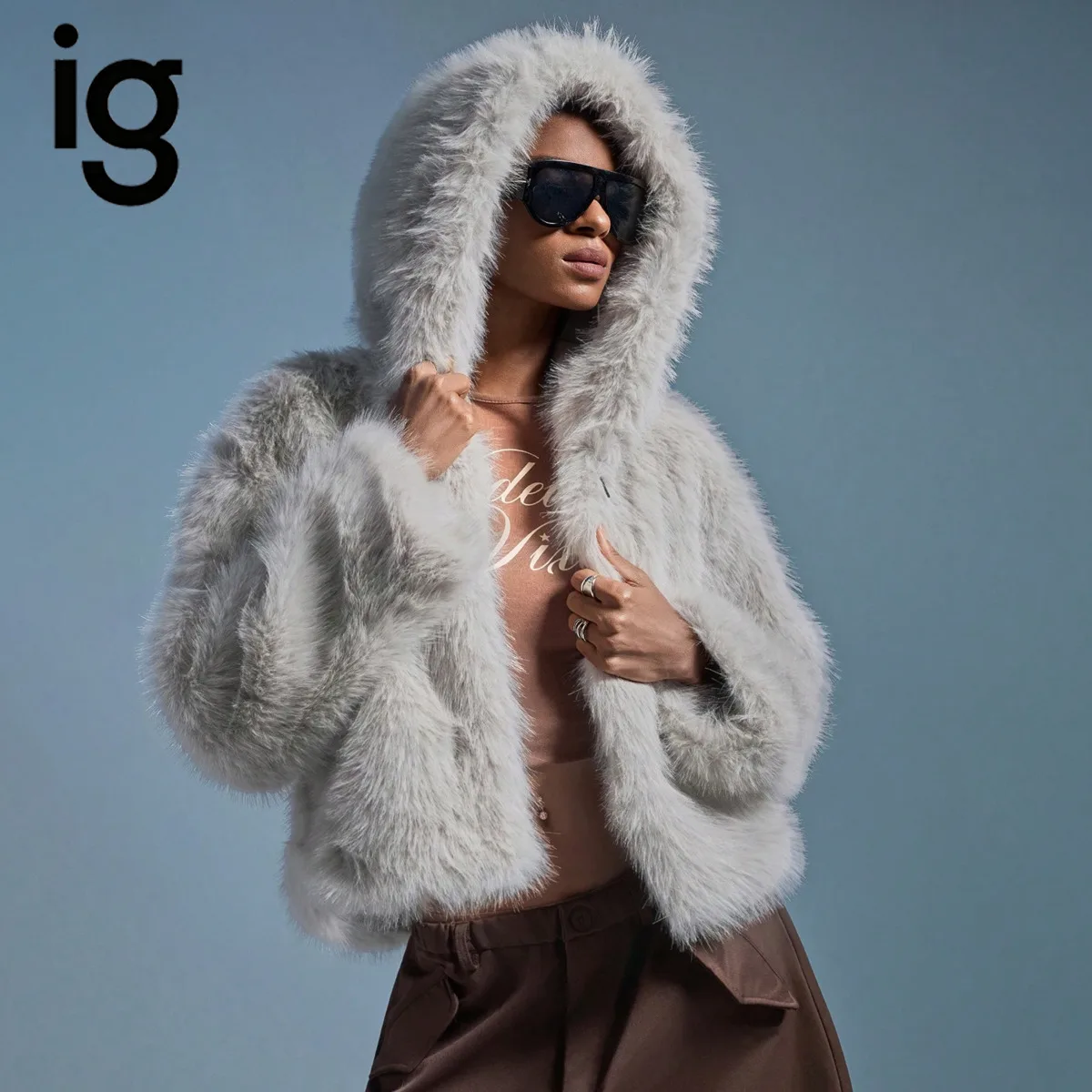 IG Women Hooded Faux Fur Cropped Jacket Open Front Fluffy Long Sleeve Short Coat Winter Streetwear Outerwear