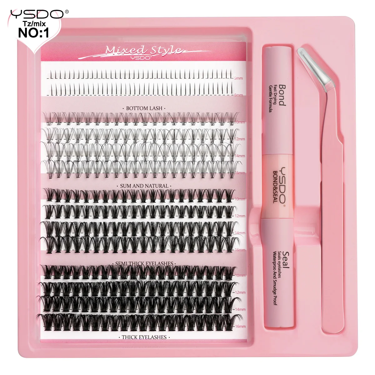 YSDO DIY Wimpernverlängerungsset 14/32P Einzelwimpern-Set Cluster D Curl 9-16mm Mix 30D-120D Wimperncluster mit Bindung und Dichtung – Detail 11