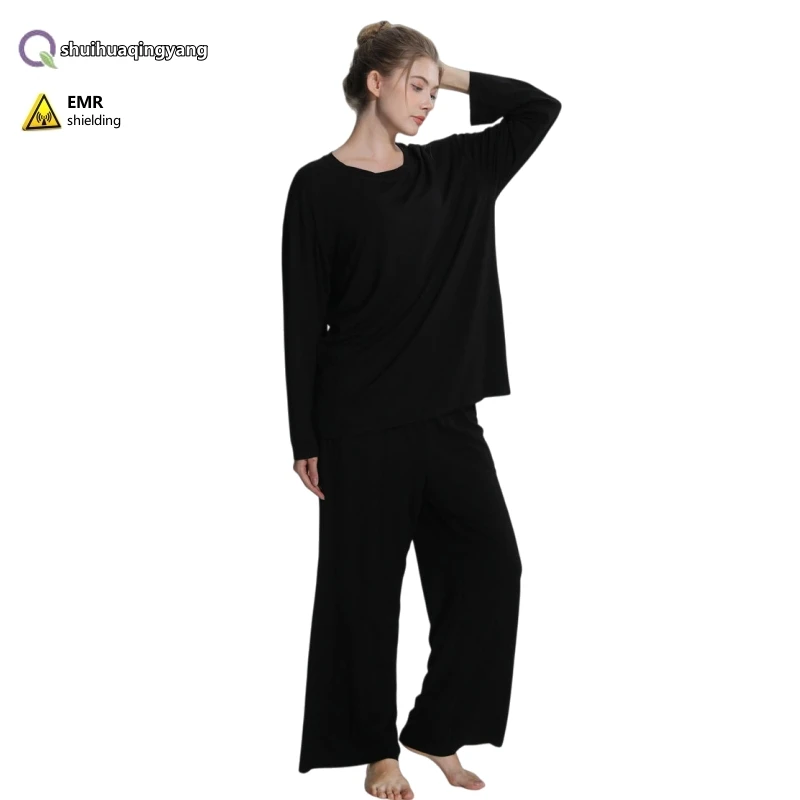 Electromagnetic radiation protective sleepwear soft skin friendly long sleeved pants, 100% silver fiber close fitting loungewear