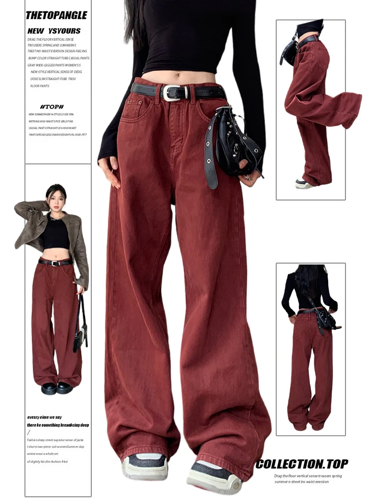 

Wine Red Wide Leg Jeans Loose Fit High Waist Straight Cut Autumn Winter New Sle Women's Premium Quali Trousers