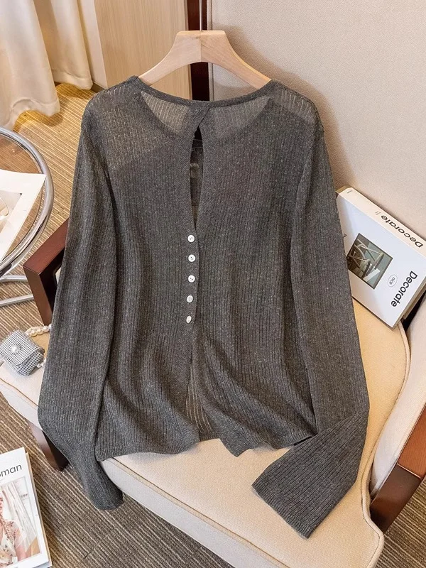 

Gray Long Sleeve Hollow out Knitted Top Women's Summer plus Size Loose Beautiful Stylish Korean Style Casual round Neck Shirt
