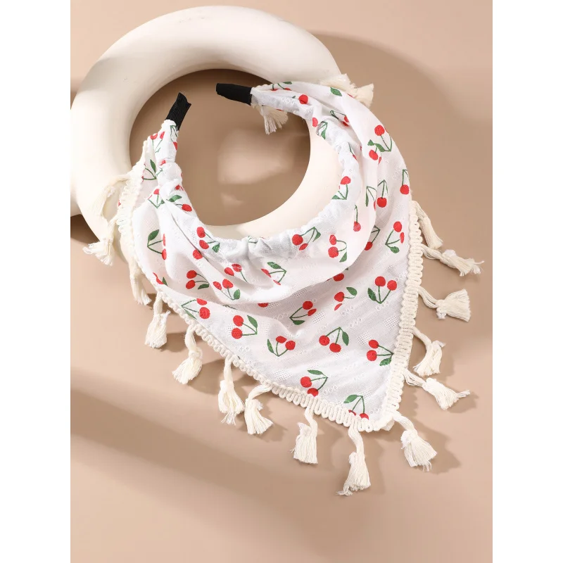 1pc Cherry Print Tassel Triangle Scarf – Boho Flowing Fringe Hair Wrap for Everyday Boho Style.