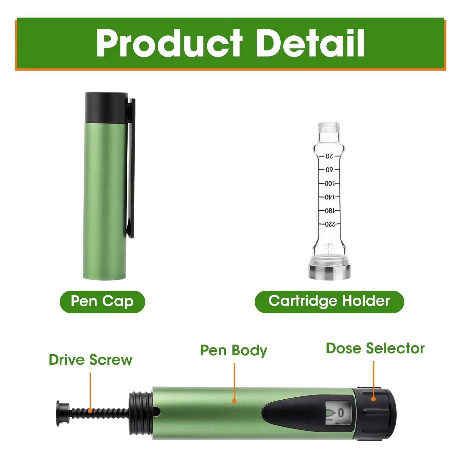 Green Metal 60Unit Peptide Pen Injector With Pen Case Reusable Magic Pen Tattoo Pen for Personal Research, Travel, Business