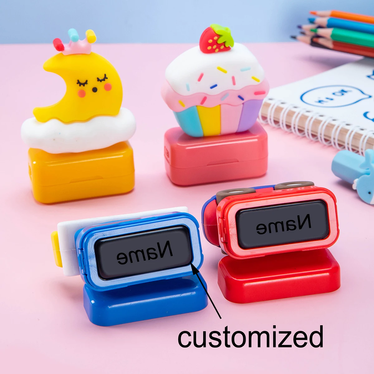 Sellos de nombres creativos personalizados en forma de dibujos animados, sellos de nombres personalizados para marcar uniformes escolares y firmas