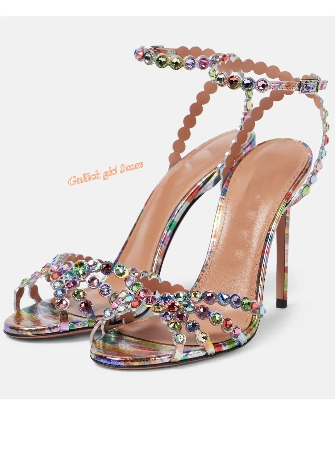 

Crystal Embellished Strappy High Heel Sandals Ankle Buckle Strap Open Toe Thin High Heel Runway 2025 New Arrivals Dress Shoes