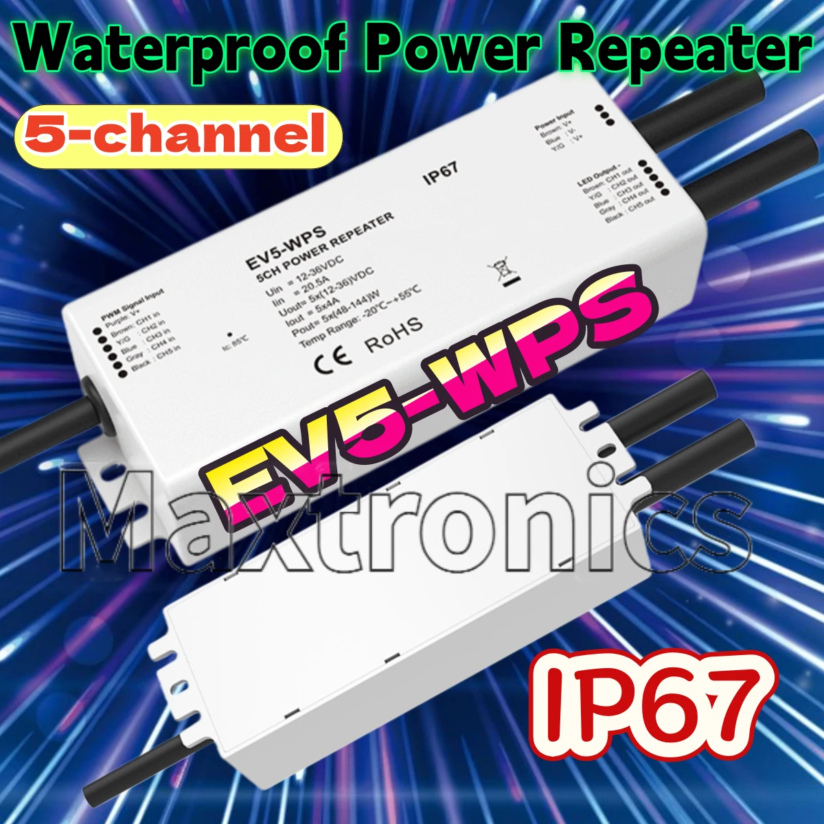 5CH*4A CV IP67 Waterproof Power Repeater 12-36V EV5-WPS for Single Color/CCT/RGB/RGBW/RGB+CCT Constant Voltage LED Strip /Module