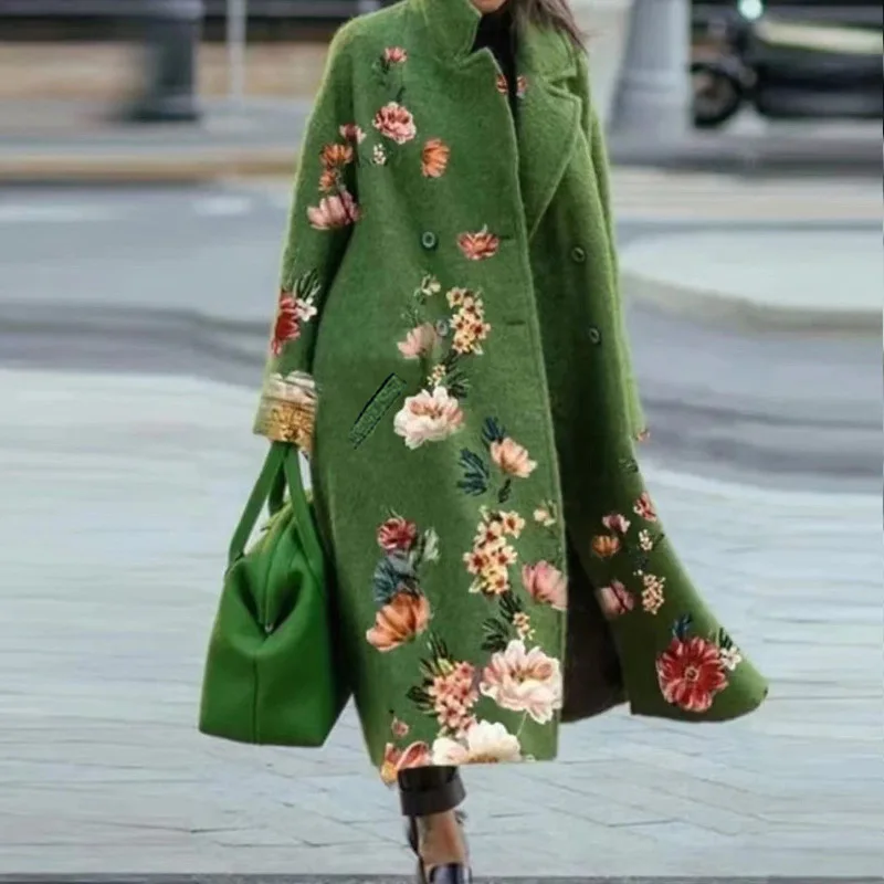 Vrouwen Wol Blends Jassen Print Enkele Knop Wollen Jas Lange Mouw Vest Zakken Patchwork Casual Bovenkleding Losse Jassen 2025