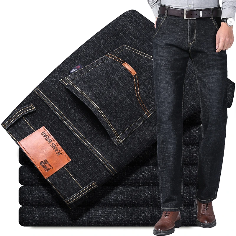 Calça jeans elástica azul e preta masculina, jeans de perna reta, solta, amigável à pele, confortável, de alta qualidade, empresarial