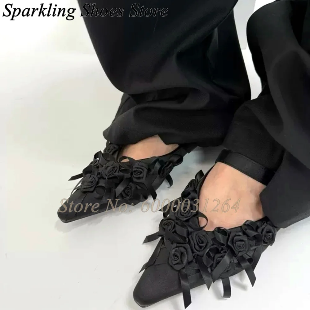 

Vintage Satin Black Roses Pumps Small Square Toe Shallow High Heels Buckle Strap Women Luxury Designer Flower Decor Shoes 2026