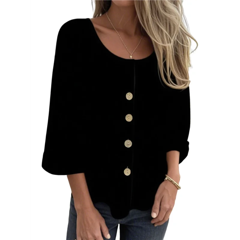 

ASDS-Linen Tops For Women Button Down V Neck 3/4 Sleeve Shirts Roll-Up Solid Casual Loose Fit Tunic Top