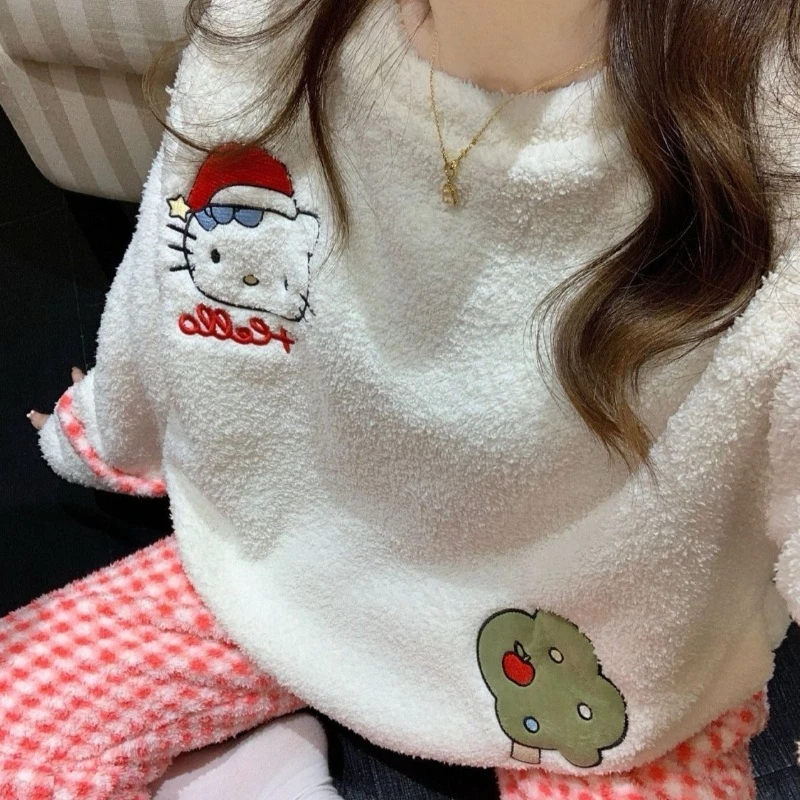 

Модные мягкие простые осенне-зимние пижамы для девочек, коралловый бархат, утепленный теплый полумилый комплект домашней одежды с героями мультфильмов «Hello Kitty»