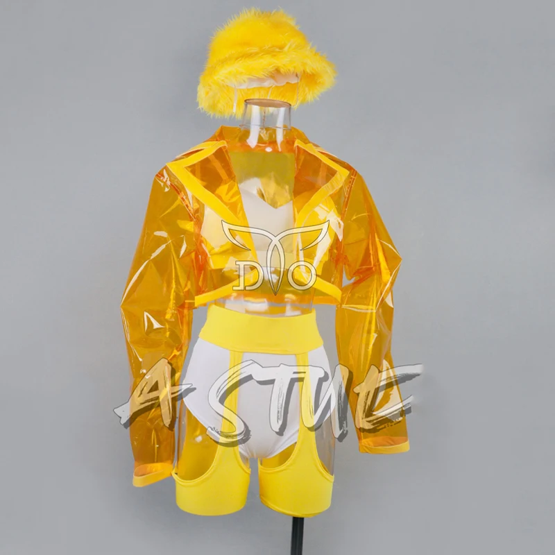 Yellow Transparent Coat Sexy Pole Dance Clothing Women Gogo Costumes Stage Jazz Outfits Bar Nightclub Dj Ds Rave Wear XS7817