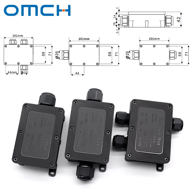 OMCH BOX-D3 IP68 Junction Box 1-6Way Connector 450V 41A 3-Gaskets 5-9mm 9-12mm 10-14mm Entry Cable Enclosure with Terminal Block 2