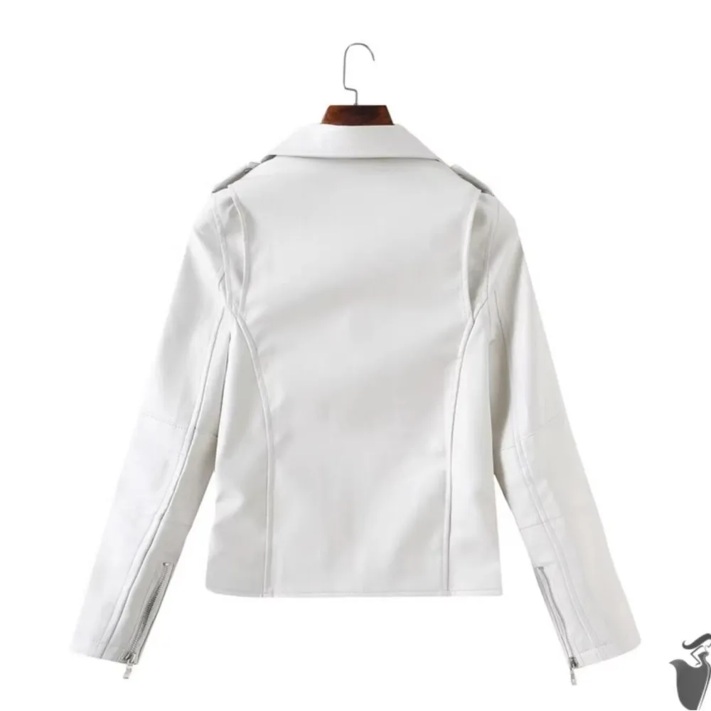 Otoño mujer PU chaqueta de cuero abrigo solapa manga completa cremallera frontal Slim Fit prendas de vestir exteriores cortas blanco negro rosa