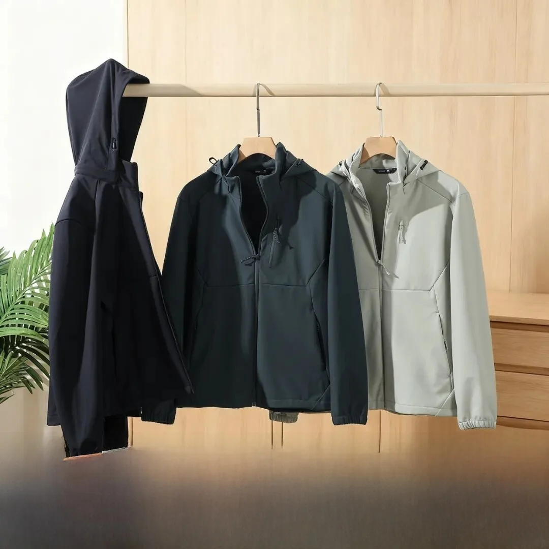 

Men's Outdoor Hooded Softell Jaet Windproof Waterproof 3D Tailoring Casual Sle Polyester Fiber Long Sve Zipper Closure