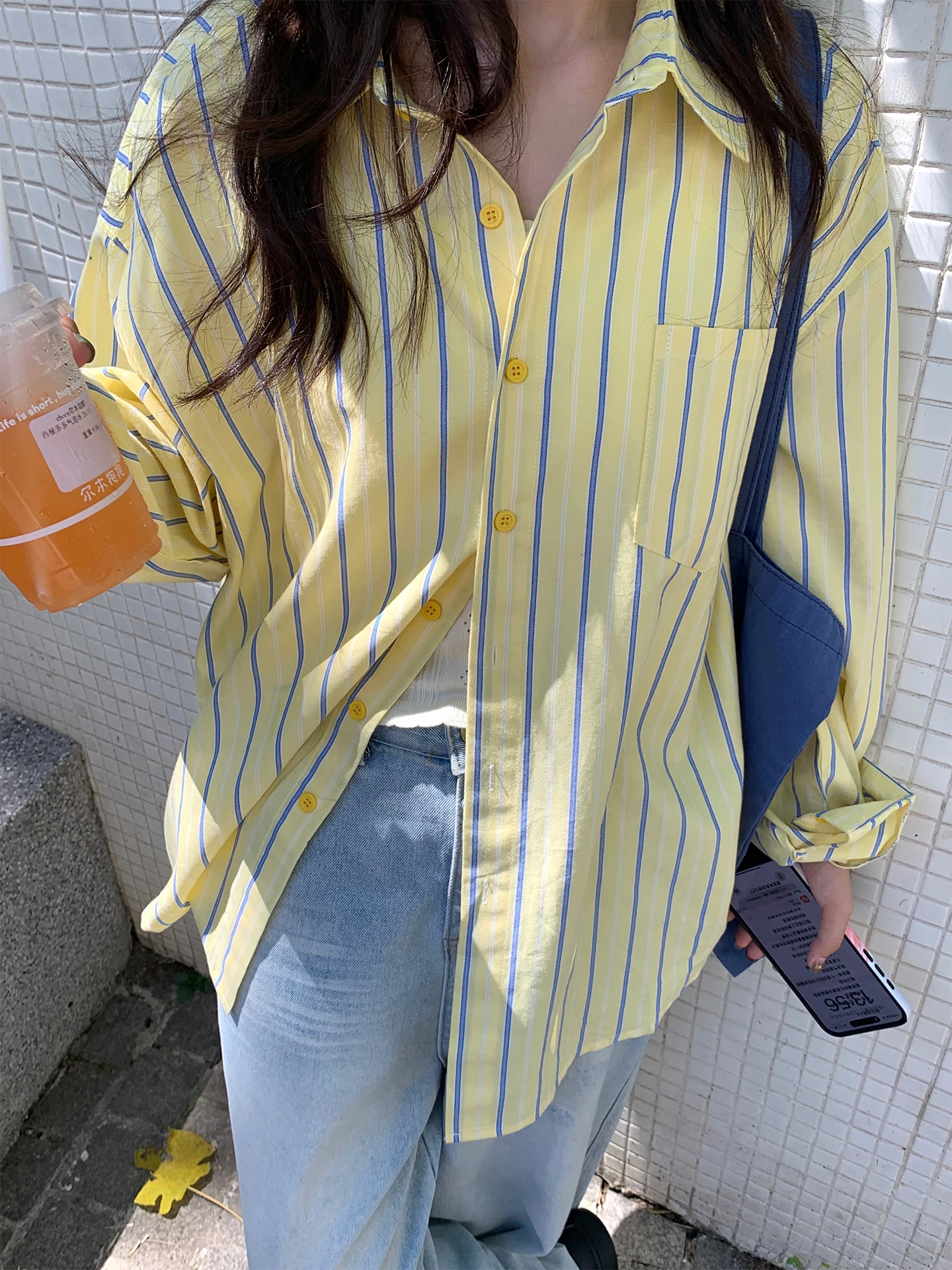 

Loose Long Sve Women's irt NIDEBLA Korean Sle Sun Protection Striped Outerwear Collar Button Detail Cotton Blend