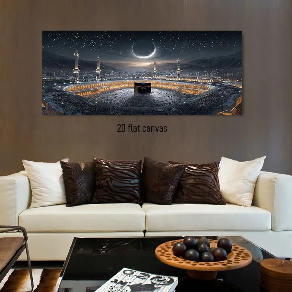 1pcs Mecca Holy Temple Night Scene Decoration Painting Islamic Culture Canvas Hanging Painting Religious Theme Home Wall Decorat